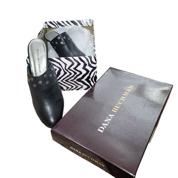 Dana Buchman Moravia Balck High Heel Mules Sz 8 M Black Leather Pointed Toe Stud - Picture 1 of 10